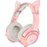 ONIKUMA K9 Casque de Jeu Rose avec Ajustement du Volume du Micro pour Xbox One, PS4, PC, Casque Amovible pour Oreille de Chat