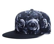 Quanhaigou Premium Floral Flower Hawaiian Cotton Adjustable Snapback Hats Men's Women's Hip-Hop Flat Bill Baseball Caps, Black Floral, One Size