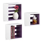 Relaxdays Étagère suspendue lot de 3 cubes flottants support mural meuble rangement bois MDF carré, blanc-violet