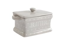 Grey Ceramic Butter Dish Heart Pattern Glazed with Lid Shabby Kitchen Tableware