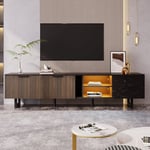 Meuble TV LED Banc TV Moderne Aspect Marbre Noir, Portes en Grain de Bois Foncé, Meuble Télé avec Lumières LED Réglables, Table TV avec Deux Portes