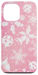 Coque pour iPhone 13 Pro Max Pink Aura Motif floral et flocons de neige d'hiver