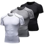 YUSHOW 3 Pack Tee Shirt Compression Homme Manches Courtes Sport Tshirt Running Vetement de Fitness Homme Gym Compression Maillot T-Shirt Musculation Jogging,Noir+Gris+Blanc,L