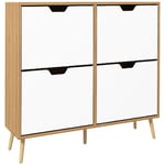 HOMCOM Meuble à chaussures 4 abattants, armoire à chaussures 16 paires, avec étagère réglable, pieds en bois de pin, rangement chaussure, grande capacité pour couloir, entrée, 95 x 26 x 95 cm, naturel