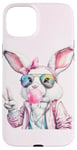 Coque pour iPhone 15 Plus Lunettes de soleil aviateur lapin de Pâques mignon Bubblegum Peace Sign