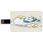 64G USB Flash Drives Credit Card Shape Sun and Moon Memory Stick Bank Card Style Romantic Whale Swimming in Clouds Hand Drawn Aquatic Sky Composition,Yellow Blue White Waterproof Pen Thumb Lovely Jump