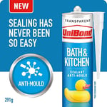 UniBond Bath & Kitchen Sealant, Mould Resistant Transparent Silicone Sealant, ideal for Showers, Toilets, Tiles, Worktops & More, Durable & Waterproof, Easy Bathroom Sealant, 1x291g Cartridge