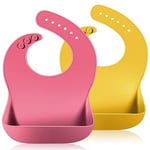 Vicloon Bavoirs Bébé Silicone Souple Bavette Recuperateur Imperméable Ajustable Enfant Waterproof Bavoir Repas Lot de 2 Imperméable Ultra Fins et Léger Bavoirs Rose&Jaune