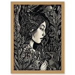 Woman with Crow in a Field Black and White Linocut Artwork Framed Wall Art Print A4