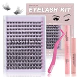 Cluster Eyelash Extensions Kit, 168 Pcs 9-16mm Mixed Wide-stem Cluster Lash, DIY Lashes Extension Kit with Lash Bond & Seal and Applicator, Individual Lashes Kit at Home (Mix 9-16mm, 168P W-7 Kit)