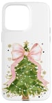 Coque pour iPhone 15 Pro Max Coquette rose avec nœud en ruban et sapin de Noël vert pour fille