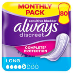 Always Discreet Incontinence Pads Women, Long Plus, Absorbency 5, 80 Sanitary Towels (20 x 4 Packs), Complete Protection for Bladder Weakness Pads Women, Odour Neutraliser