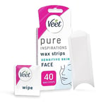 Veet Pure Cold Wax Strips, Face, Sensitive Skin, 40 Strips, 4 Finish Wipes, Hair Removal, Removes Hair From Root, 28 Days Smoothness, Hypoallergenic Formula (Packaging may vary)