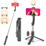 Perche a Selfie avec Lumière, 107 CM Perche Selfie Rétractable avec Télécommande Amovible & Support de Téléphone, Mini Portable Trepied Smartphone Rotative a 360° de Voyage pour iphone/Android