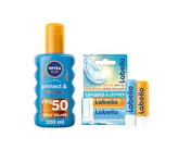 NIVEA SUN Spray protection solaire Protect & Bronze FPS 50 activateur de bronzage (1x200 ml) & LABELLO Sun Protect FPS30 & Hydro Care FPS15 (2x5,5 ml), baume à lèvres enrichis en vitamines C & E