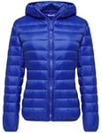 Wantdo Femme Veste en Duvet Manteau Matelassé à Capuche Léger Compressible Veste Coupe-Vent Isolée de Montagne à Capuche Mince Veste d'Extérieur Courte,Bleu Saphir,2XL