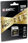 EMTEC - Carte SDXC UHS-II U3 V90 SpeedIN Pro+ ECMSD128GUHS2V90 - Carte Mémoire - Photos en Rafale, Vidéos Full HD, 3D, 4K, 8K UHD - Capacité de Stockage 128Go, 128GB - 2 Rangées PIN au Dos - Noir/Doré