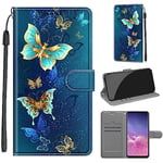 Tveinan Coque pour Samsung Galaxy S10, Housse de Protection Etui à Rabat Premium en Cuir PU avec Fonction Stand Porte Carte Flip Case Motif Cover pour Samsung S10 - Papillon Vert