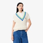 Lacoste Pull sans manche torsadé coton col V Taille 32 Blanc/vert/bleu