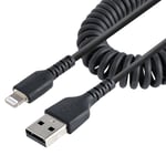 StarTech 50cm (20in) USB to Lightning Cable  MFi Certified  Coiled iPhone Charger Cable  Black  Durable and Flexible TPE Jacket Aramid Fiber  Heavy