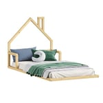 Lit enfant ELOA lit au sol 90x200 cm de type Montessori, tête de lit en forme de maison, en pin massif naturel