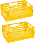 Caisse Pliable Plastique,Empilable Cagettes Plastique Pliable Paniers Rangement avec Poignée Panier Rangement Plastique pour Chambre à Coucher Bureau Cuisine (Jaune,20×15×9cm)