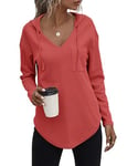 Cuptacc Top Femme Manche Longue Sweat à Capuche Pull Long Col V Blouse Haut Rouge-Violet,Groß L 42-44