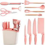 Cooking Utensils Set, 12PCS Kitchen Utensil Set with 5 Pieces Silicone Spatula Set, 4 Piece Sharp Knife Set & Scissors for Kitchen with Block. Heat Resistant Non-Stick Silicone Utensils (Pink)