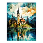 Lake Bled Vibrant Artwork 17th Century Church On Slovenia Island Reflecting On Turquoise Water Large Wall Unframed Art Poster Print Thick Paper 18X24