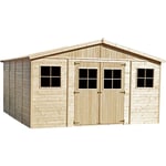 Abri de Jardin en Bois naturel 16 m² - extérieur H246 x 418 x 420 cm - avec sol imprégné Timbela M330+M330G