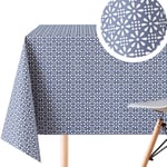 Unique Fabric Table Cloth Look And Feel - PVC Wipe Clean Vinyl Tablecloth - 300x140cm For Rectangular Tables Up To 8 Seats - Water Resistant Retro Flower Design In Faded Navy Royal Blue