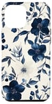 Coque pour iPhone 15 Pro Max Joli motif botanique floral bleu marine