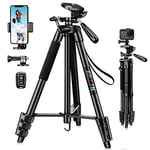 JOILCAN Phone Tripod Stand, 54" Aluminum Extendable Camera Tripod with Phone Holder & Control Remote Shutter for Android/iOS, Lightweight Portable Tripod for iPhone/Smartphone/Action Camera