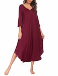 Ekouaer Chemise de nuit longue pour femme - Grandes tailles - Manches 3/4 - Robe de nuit surdimensionnée - Col en V - Doux et ample - S-3XL, Bordeaux, XL