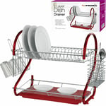 Professional 2-Tier Chrome Double Dish Drainer Draining Rack Glass Cutlery - RED