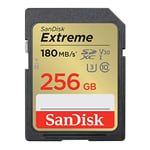 SanDisk 256GB Extreme SDXC card, SD card up to 180MB/s, V30 Memory card, UHS-I, Class, 10, U3, V30, RescuePro Deluxe data recovery software.