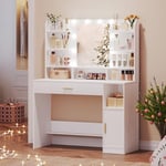 Hzuaneri Coiffeuse avec Miroir, Lumière LED à Luminosité Réglable, avec Tiroirs et Rangements, Étagères Ouvertes, pour Chambre, Penderie, Blanc DT19903X