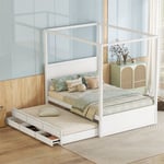 Lit gigogne 140 x 200 cm lit à baldaquin - lit platefome avec lit simple escamotable et 3 compartiments de rangement lit en bois massif - blanc