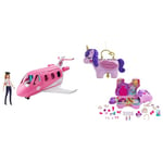 Barbie DreamPlane with Pilot Doll, Playset with 15 Airplane Accessories and Doll Accessories & Polly Pocket Micro, Unicorn Party Playset, Pink Unicorn Toy with Purple Hair