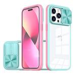 Dqtaoply Coque iphone 15 Pro Max, avec Lentille Coulissante Caméra Protection Étui Antichoc Silicone TPU + PC Housse Anti-Rayures Dos Transparente Case pour iphone 15 Pro Max(Vert + Rose)