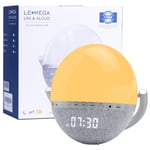 LEMEGA S6 Bluetooth Speaker, FM Radio, Clock Radio, Alarm, Night Light with Simulation Sunrise/Sunset Function, 7 colours, 9 natural sounds and touch control White