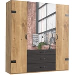 Armoire avec miroir 4 portes Imitation chêne poutre rechampis raw steel - L200 x H216 x P58 cm Pegane