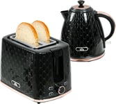 Black Glossy 2 Slice Toaster Kettle Set Rapid Boil 3000W Honeycomb Rose Gold Rim