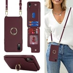 Ｈａｖａｙａ Coque iPhone XR avec Cordon RFID Porte Carte Portefeuille Étui iPhone XR avec Cordon Anneau Telephone Portable Réglable Collier Housse Etui pour Femmes - Bourgogne