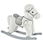 HOMCOM Cheval à Bascule bébé de 18 à 36 Mois, Jouet à Bascule en Peluche, Animal à Bascule en Bois, avec Effet sonore, Ours en Peluche Gratuit, 65 x 26 x 55 cm, Blanc