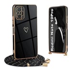 Coque avec Cordon Compatible avec Xiaomi Redmi Note 10 Pro, Galvanoplastie Motif cœur d'amour Housse Antichoc TPU Silicone, Réglable Etui avec Lanière pour Xiaomi Redmi Note 10 Pro, Noir