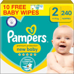 Pampers Premium Protection New Baby Size 2,240 Nappies,4Kg-8Kg,Baby Wipes 10Coun