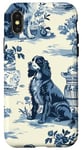 Coque pour iPhone X/XS Décoration vintage à rayures avec cocker en toile bleue et blanche