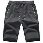 JustSun Short Homme Sport Coton Short Running Jogging Homme Short Court Homme Ete Fitness avec Poches Zippées Gris Foncé L