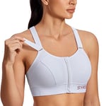 SYROKAN Soutien Gorge Femme Sport sans Armature Grande Taille Maintien Extreme à Impact Élevé Zipper Avant Bretelles Réglables Blanc 105C